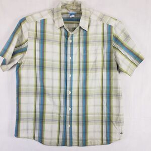 Columbia Shirt Mens XL Seersucker Short Sleeves Button Front Cream Blue Plaid